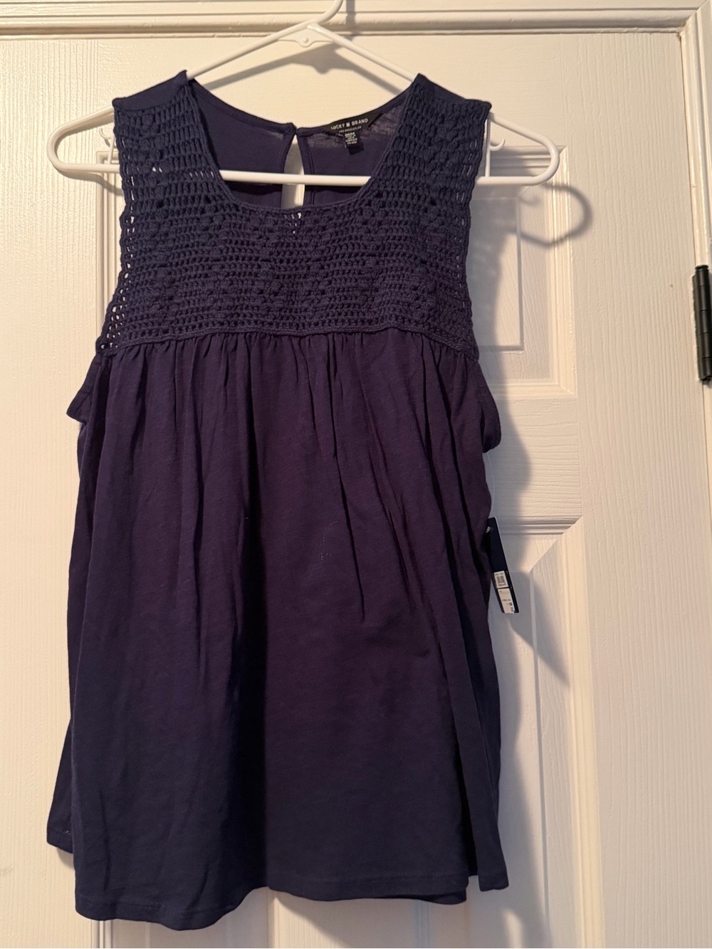 Lucky Brand Crochet Yoke Sleeveless Tank Top in Deep Navy